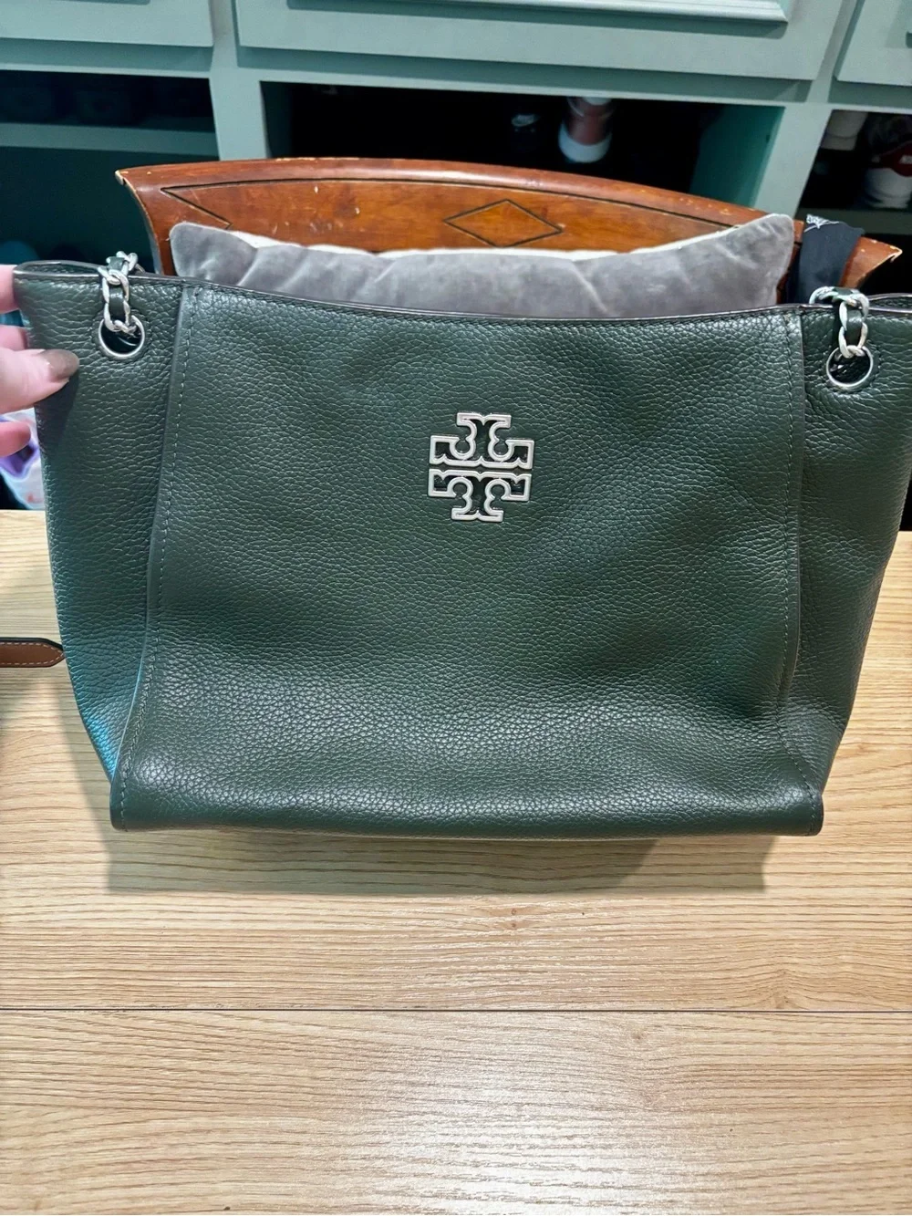 Tory Burch “Britten” Tote in olive/poblano green Pebbled Leather